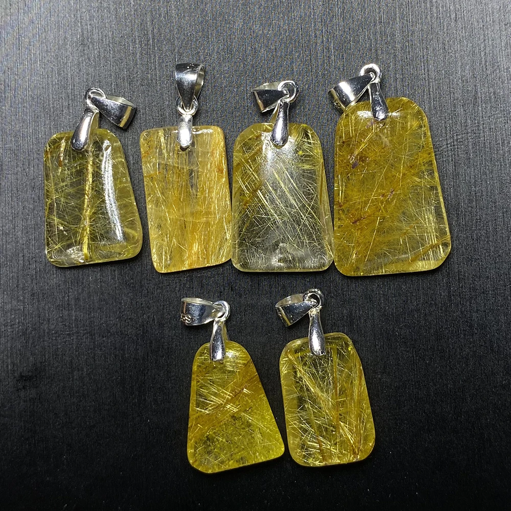 Unit One Piece High Quality Natural Cooper Rutile Quartz Crystal Square Pendant With 925 Silver Hook