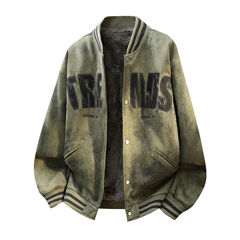 

Tie-Dye Suede Jaet Men's Winter Thiened Retro Baseball Sle Clothing American Loose Trendy Brand Windproof Outdoor Jaet