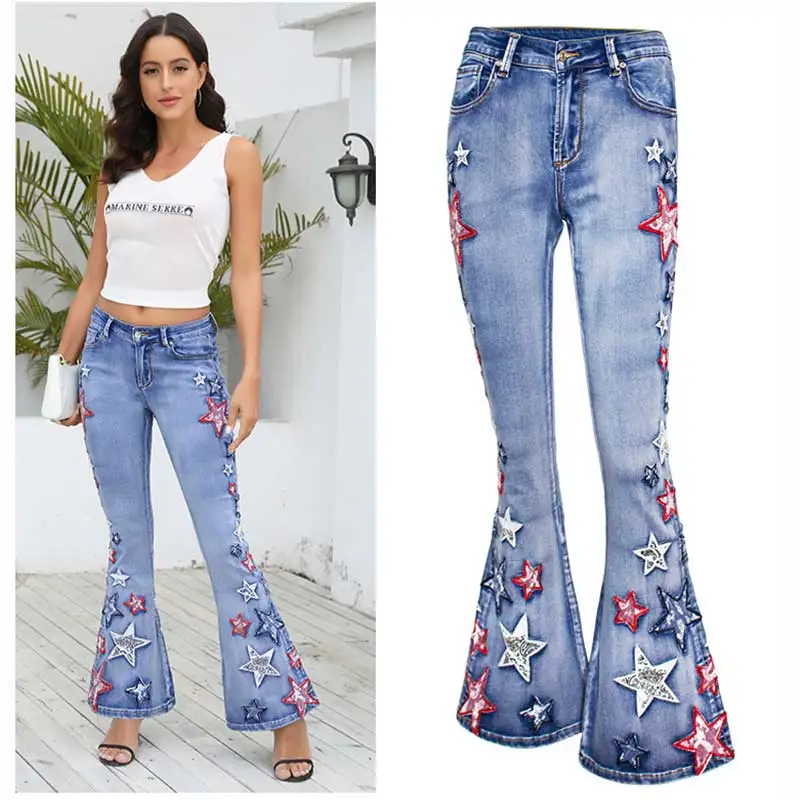 Women's Wide Leg Pants Flared Jeans Women's Patch Embroidered Embroidered Long Flared Jeans