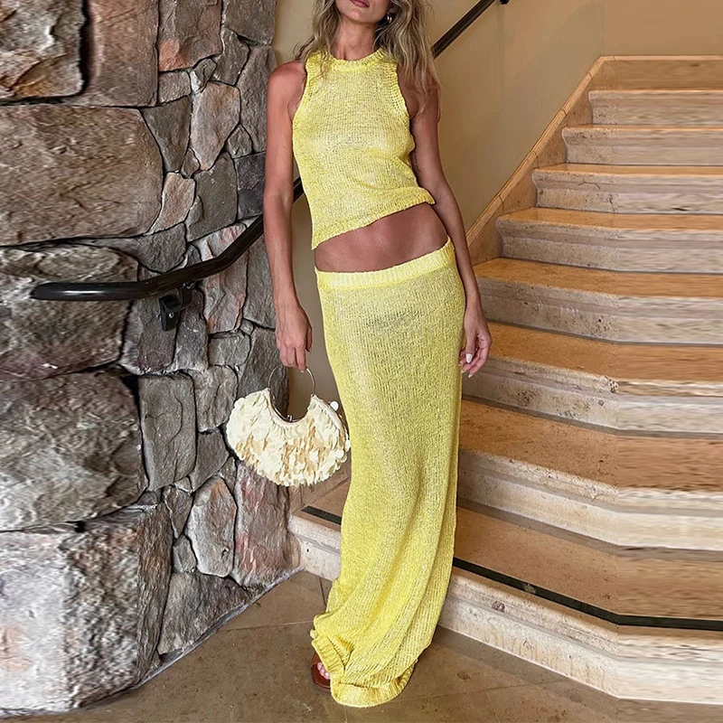 

Casual Slim Hollow Out Beach Outfits Sexy Sleeveless Solid Color Jacquard Two Piece Sets Elegant Women Bodycon Skirts Suit Mujer