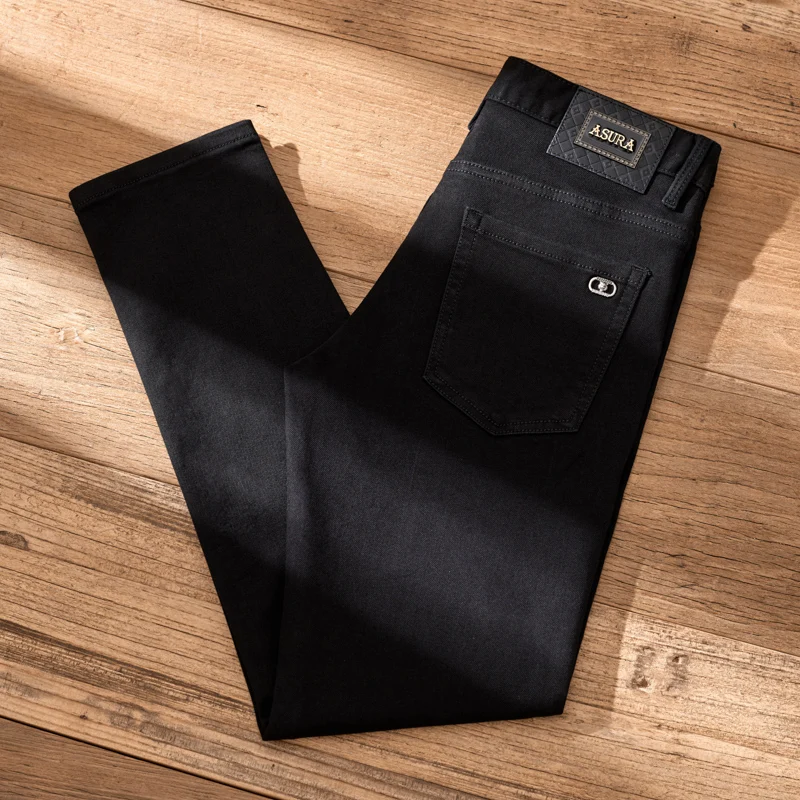 Jeans slim noir pur pour hommes, pantalons décontractés, élasticité, polyvalent, léger, luxe, rue, haut de gamme, produits européens, marque de mode