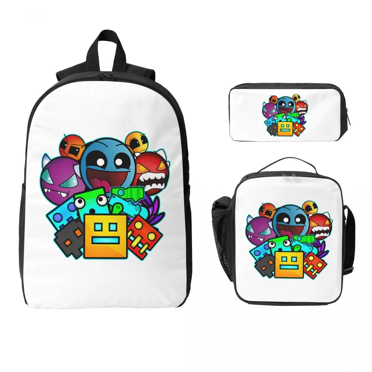 Geometry Dash Old School Gaming Backpack Boy Girls BookBag School Bag Computer Shoulder Bags 3ps Insulated Lunch Bag Pencil Case