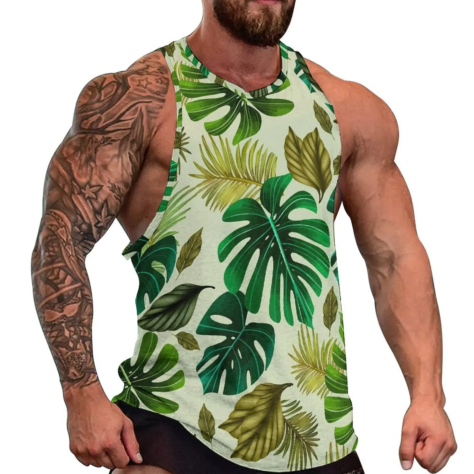 

Tropical Green Palm Leaf Beach Tank Top Gym Tops Men Printed Sportswear Sleeveless Shirts Big Size