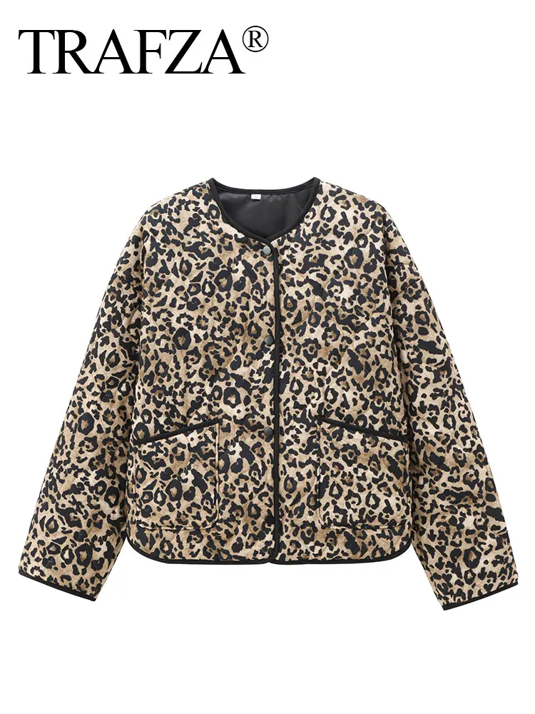 TRAFZA Cappotto da donna vintage con stampa leopardata monopetto manica lunga o collo giacca trapuntata autunno capispalla femminile High Street