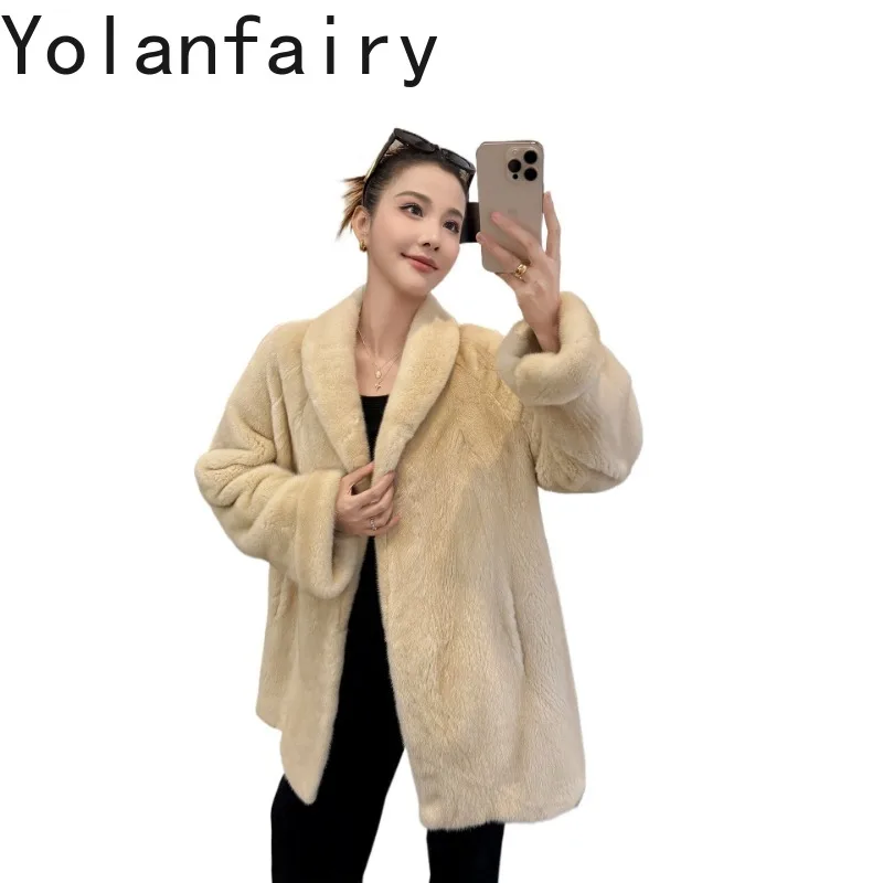 YOLANFAIRY Whole Mink Natural Real Velvet Mink Coat Fur Jacket Mid-length Style Full Pelt Mink Woman Elegant Winter Coat 리얼
