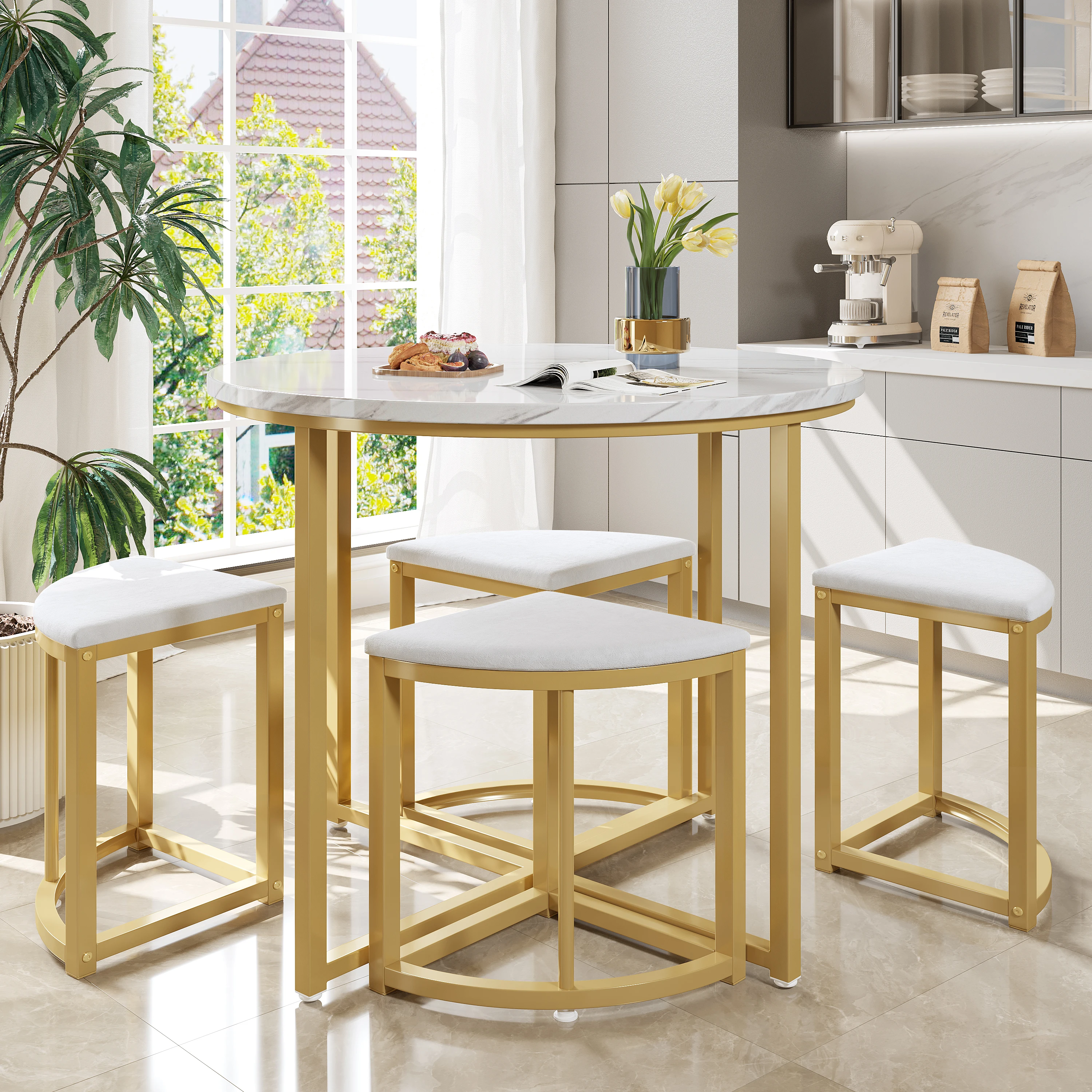 PINGGO Weißes Esstisch-Set mit 4 Samtstühlen, MDF-Tischplatte, vergoldeter Eisenrahmen, moderne Luxusmöbel für die Küche – Detail 2