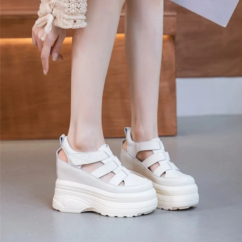 

2026 11CM Women Sandals Platform New Genuine Leather High Heel Sandals Women Closed Toe Internal Heightening Women Sandals