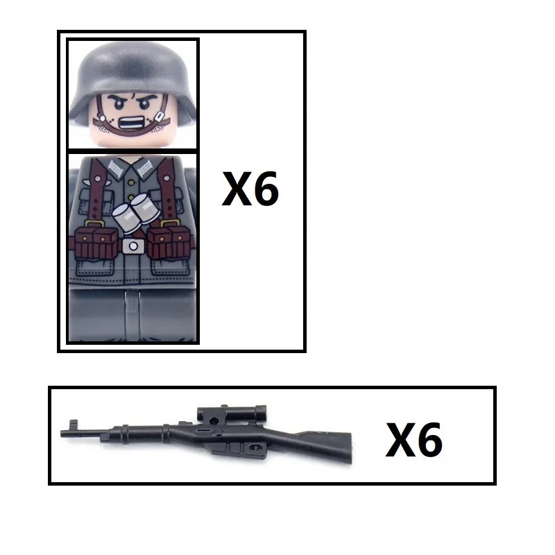 6pcs Military Army Mini Ww2 Germany Soldier Figures Gun Weapons Array MOC Model Parts Building Blocks Toys for Boys No Playmobil