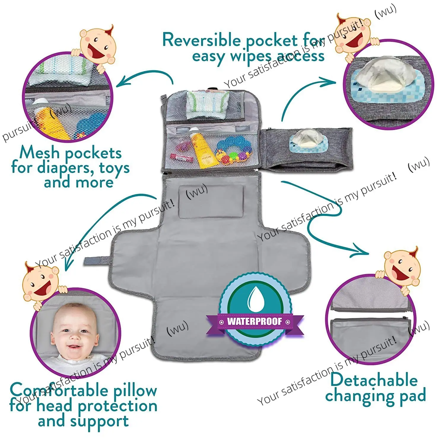 Stroller suspended neonatal urine pad, portable waterproof multi-functional baby diaper changing pad with wet tissue