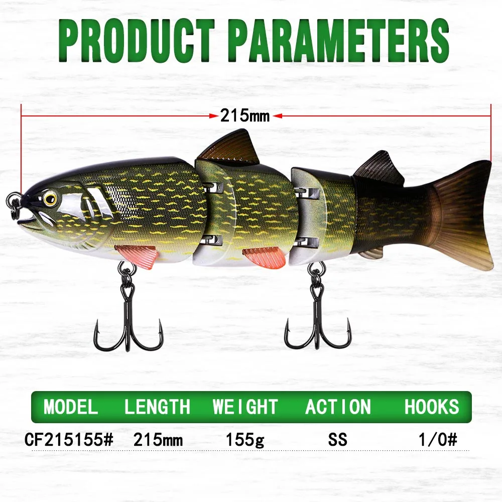 Imagem -06 - Artificial Lento Naufrágio Isca de Pesca Swimbait 215 mm 155g Articulado cf Isca Dura Grande Baixo para Pike Musky Wobbler Poleiro