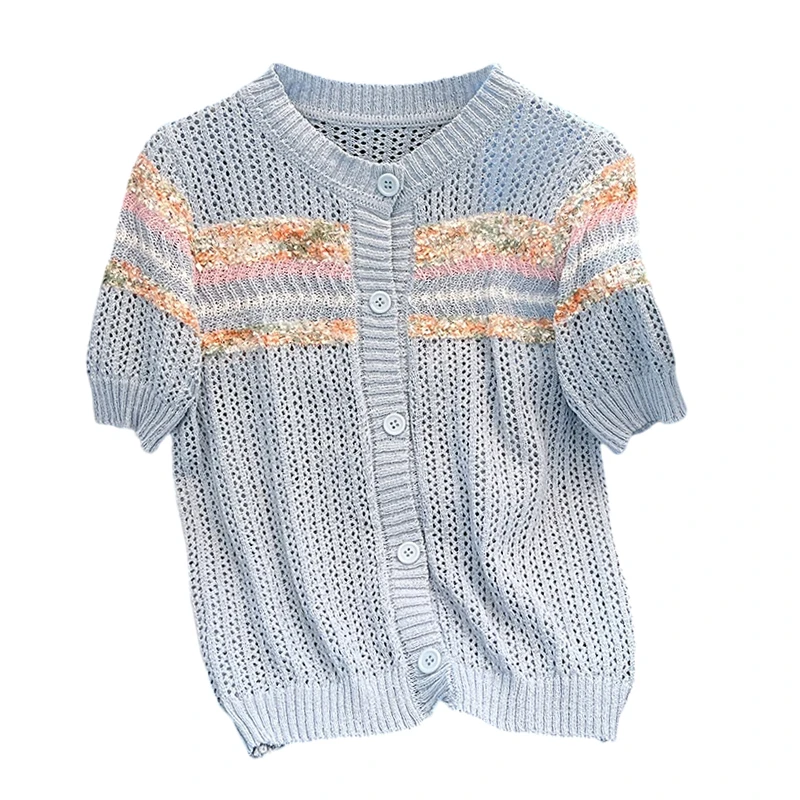Cardigan maglione lavorato a maglia a righe arcobaleno donna 2025 maglioni estivi scava fuori manica corta monopetto elegante moda maglieria