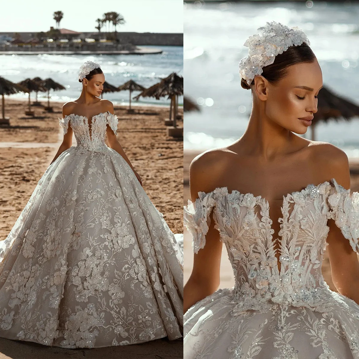 Gorgeous Bohemian Wedding Dresses Sexy Off Shoulder Ball Gowns Bridal Gowns Customized Sweep Train Sequins Appliques Lace Robes