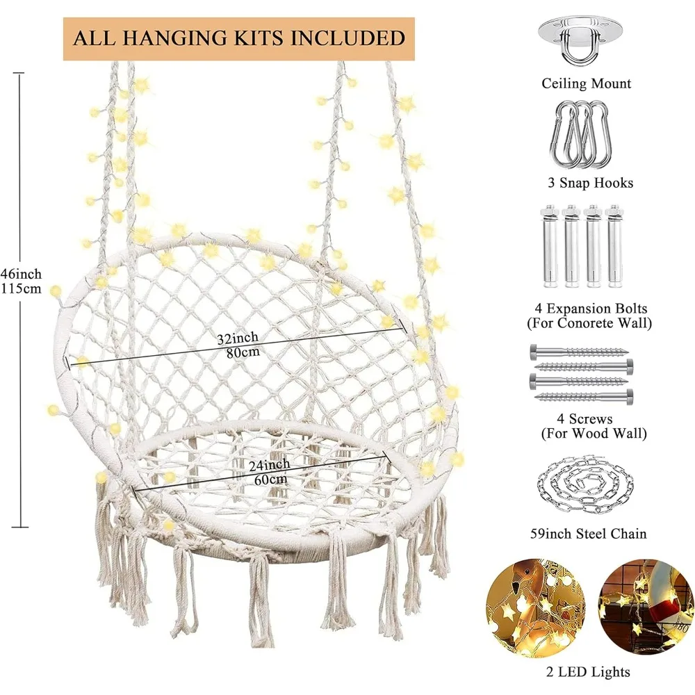 Hanging Chair for Bedroom Hammock Chair Swing with Lights and Hardware Kits Holds Up to 550Lbs Macrame Swing Chair