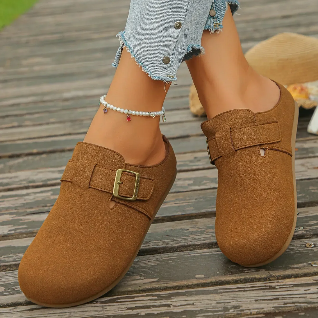 Modische Damen Wildleder-Mules Hausschuhe 2026 Damen Clogs mit Korksohle Sandalen mit Fußgewölbestütze Outdoor-Strand-Slides Hausschuhe für Damen – Detail 17