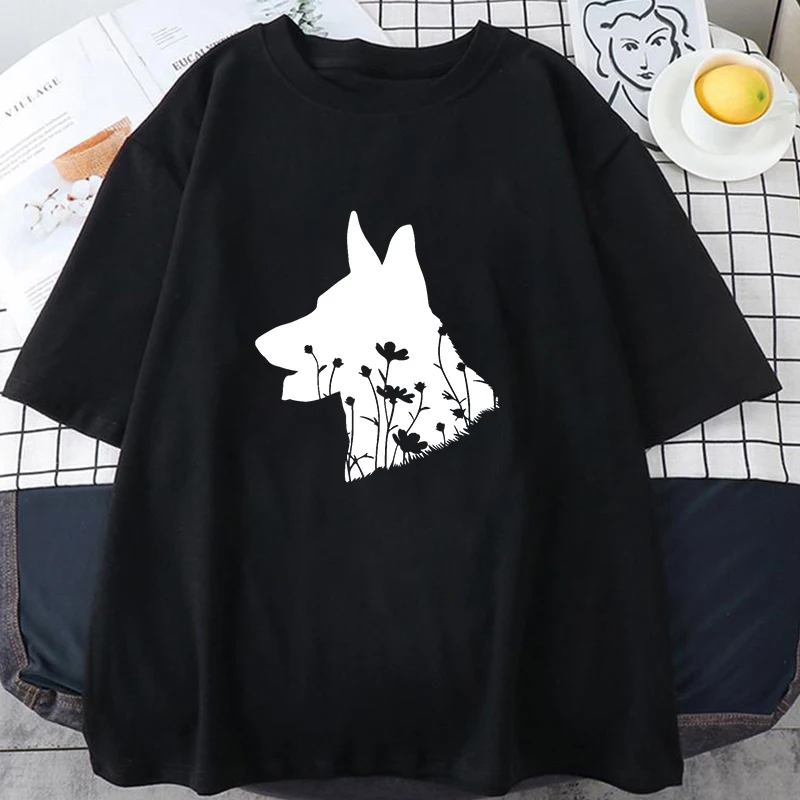 New Floral German Shepherd Print T-shirt Unisex Summer Casual O-neck Neutral Clothing Short Sleeve Tees Men Women Street Shirts