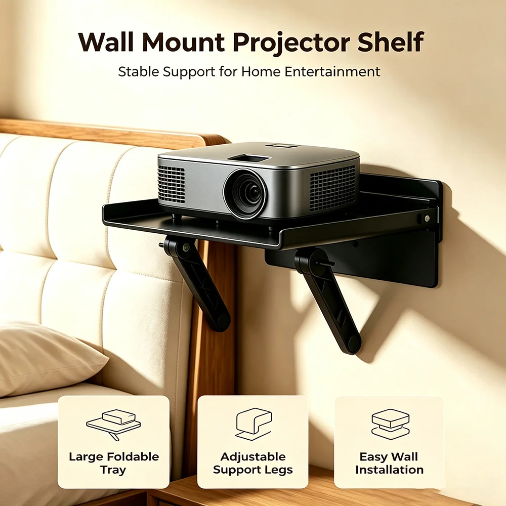 Wall Mounted Projector Shelf Bracket Tray Supports Drilled Installation or No-Drill Installation Space Saving Home Cinema Holder