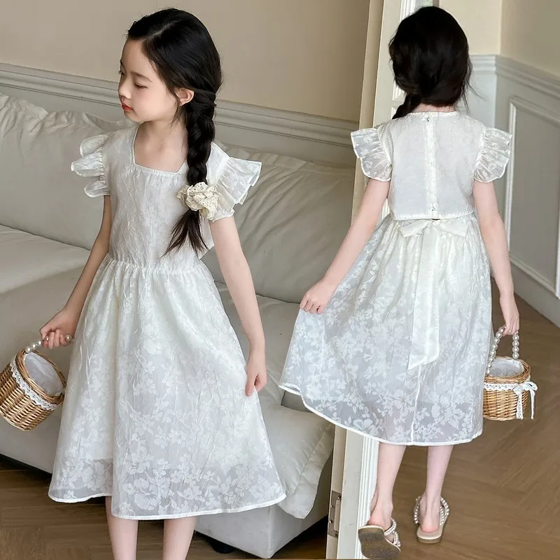 Summer junior girls Hollow Back Dress 120-170 white Lotus leaf sleeve Princess Dresses Sweet Flower teen kids clothes 10 12 14