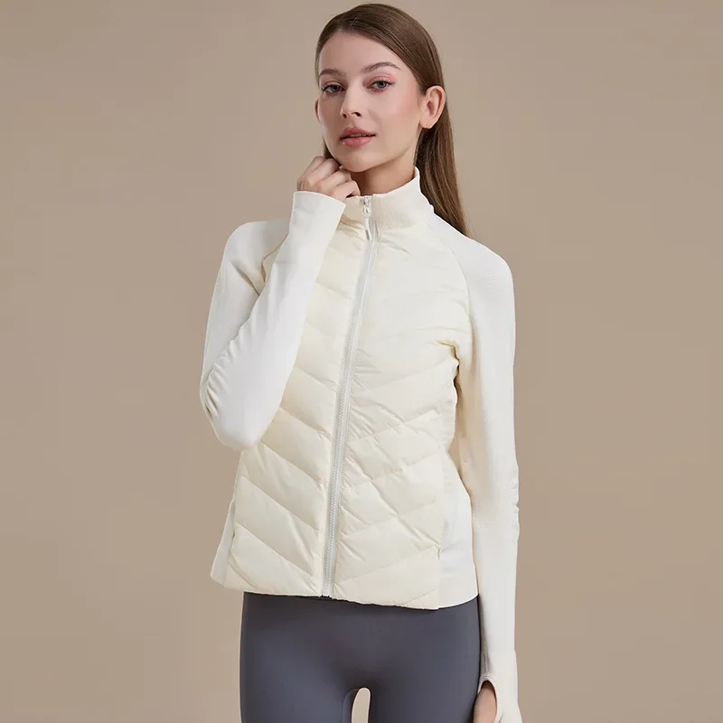 

White Goose Down Jacquard Down Jacket Long-sleeved Jacket Slim-fitting and Thin Zipper Windproof Running Wear Warm Down Top