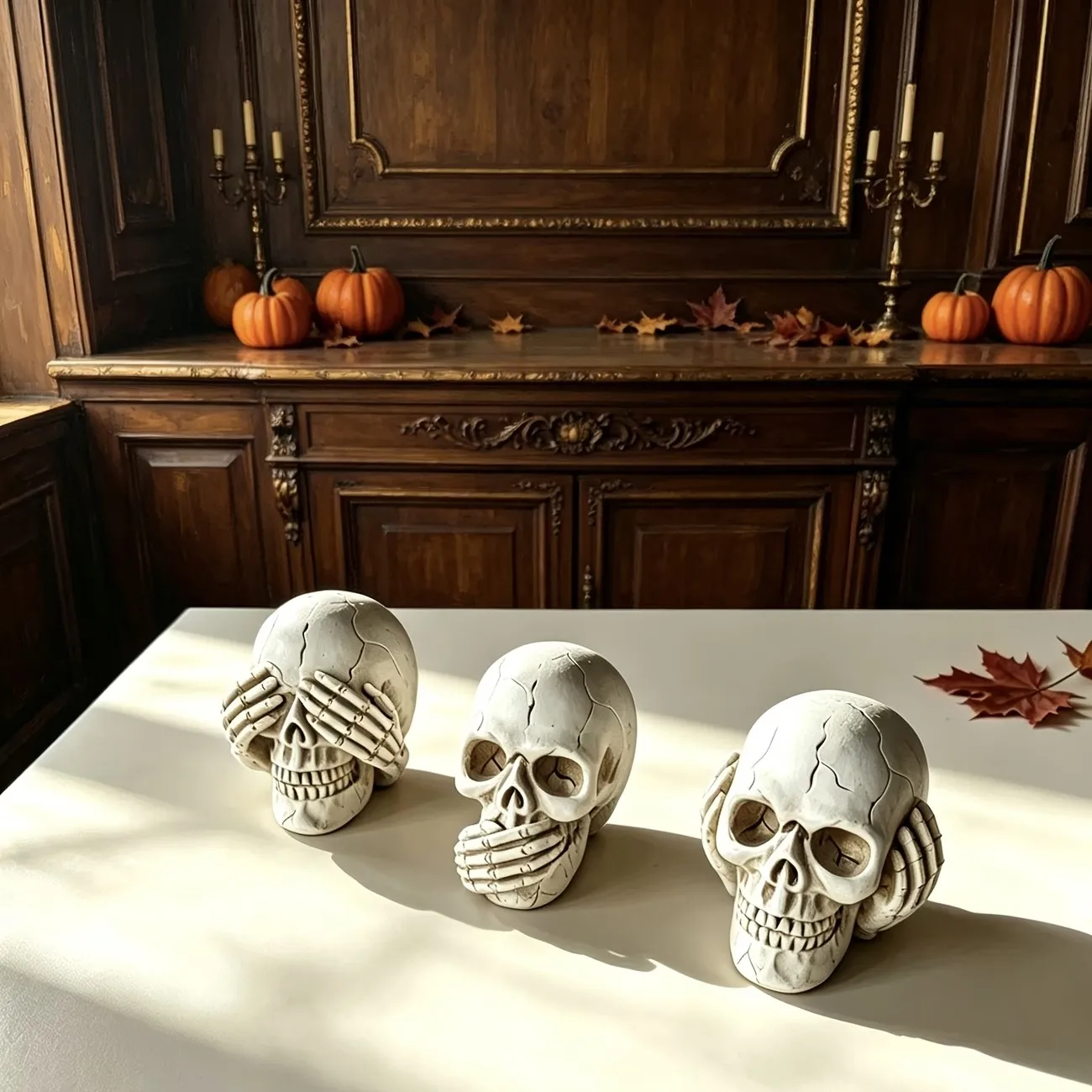 Resin skull figurine, replicating the classic poses of covering the mouth, ears, and eyes, perfect for Halloween decorations