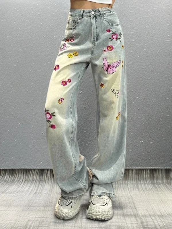 

Casual Embroidered Flower Straight Leg Jeans Women's Floor-Length Pants High Waist Zipper Closure Water Washed Denim