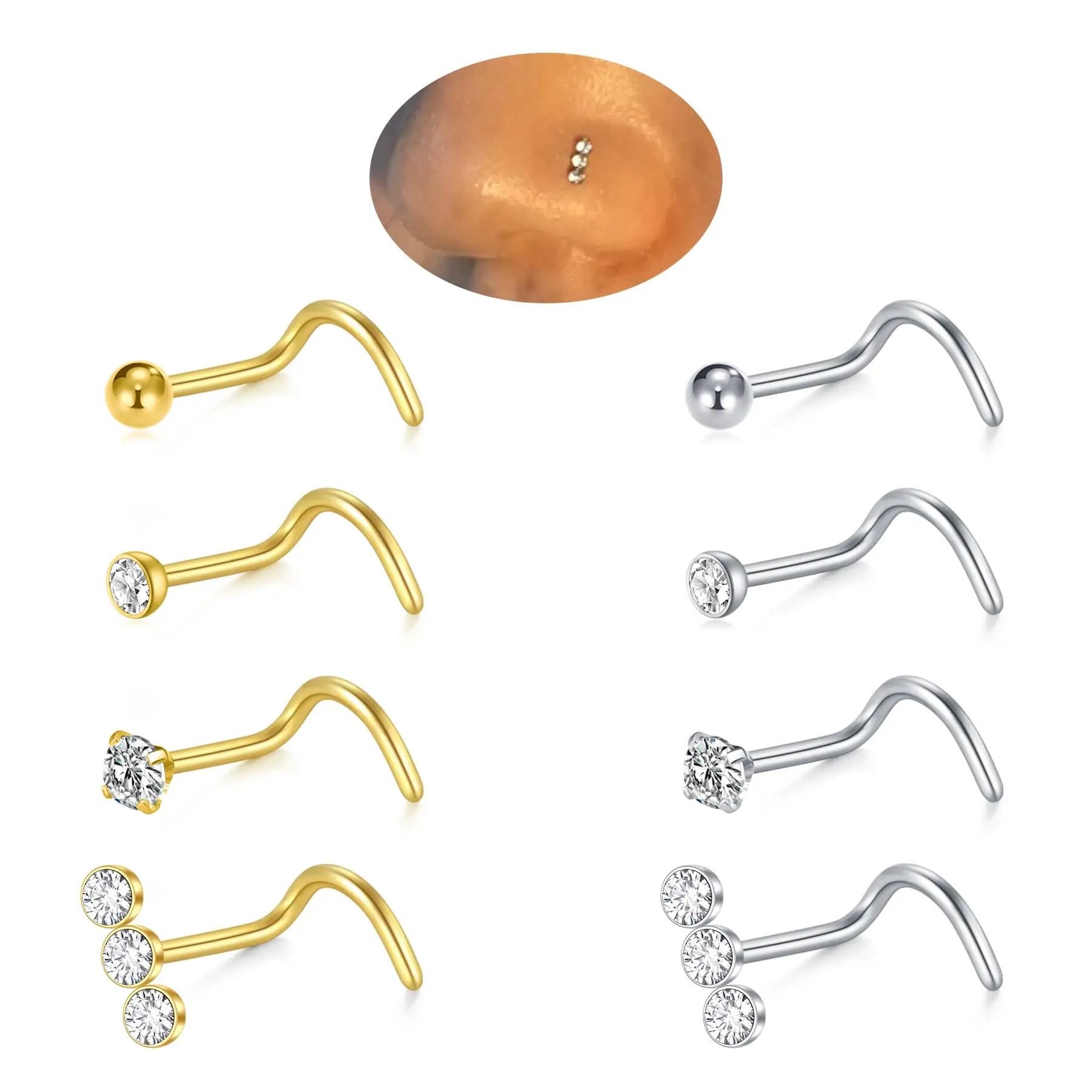 8pcs/Set 20G Surgical Stainless Steel CZ 2mm 3mm L Shaped Nose Rings Studs Corkscrew Nose Piercing Jewelry for Women Men