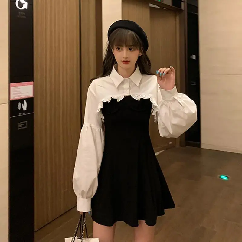 Zestawy damskie Retro Vintage Ulzzang Chic Fall Ladies Fashion Outfits Stylowy top z długim rękawem Popularny Slim Basic Girls Vestido