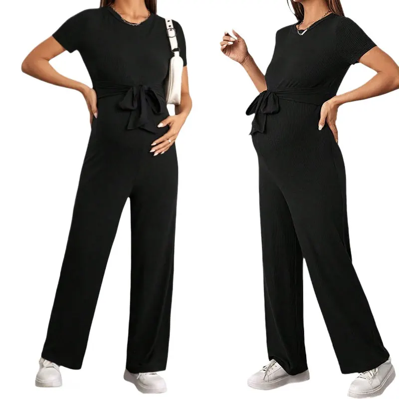 

Maternity Wide-leg Pants High Elastic and Thin Slim-fitting Butterfly Belt Fashionable and Elegant Short-sleeved Jumpsuit