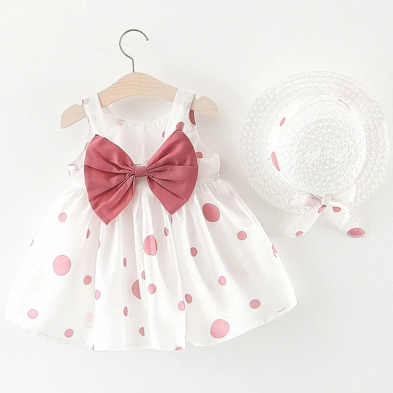 Vêtements d'été pour nouveau-nés filles, 2 pièces, mode coréenne, robes de bébé en coton sans manches à pois + chapeau de soleil, robe de princesse pour tout-petits B204