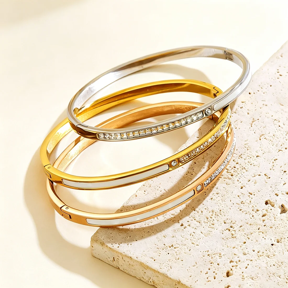 Minimalist Slim Cuff Stainless Steel Bangle with Mother of Pearl & Crystal Gold/Rose Gold/Silver Plated Bracelet for Women Daily