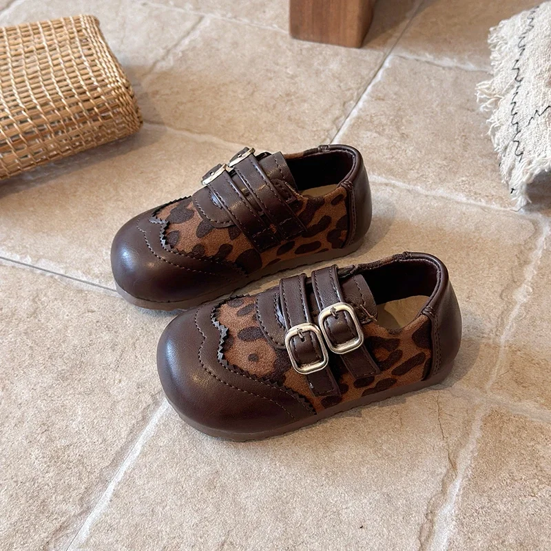 Kids Leopard Causal Shoes Vintage Girls Fashion Leather Shoes Daily Wear School Non-slip Children's Walking Flat Shoes Hook Loop