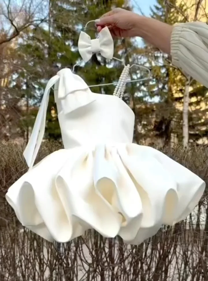 White Pearls Gala Dress for Girls Satin Birthday Party Ball Gowns Kids Girls Party Dress Short Flower Girl Dress for Wedding