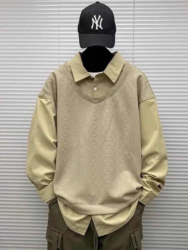 

Loose Men's Long Sve irt Retro Patchwork Collar Sweatirt Autumn Winter Large Size 300 Pou Fake Two-Piece Sle