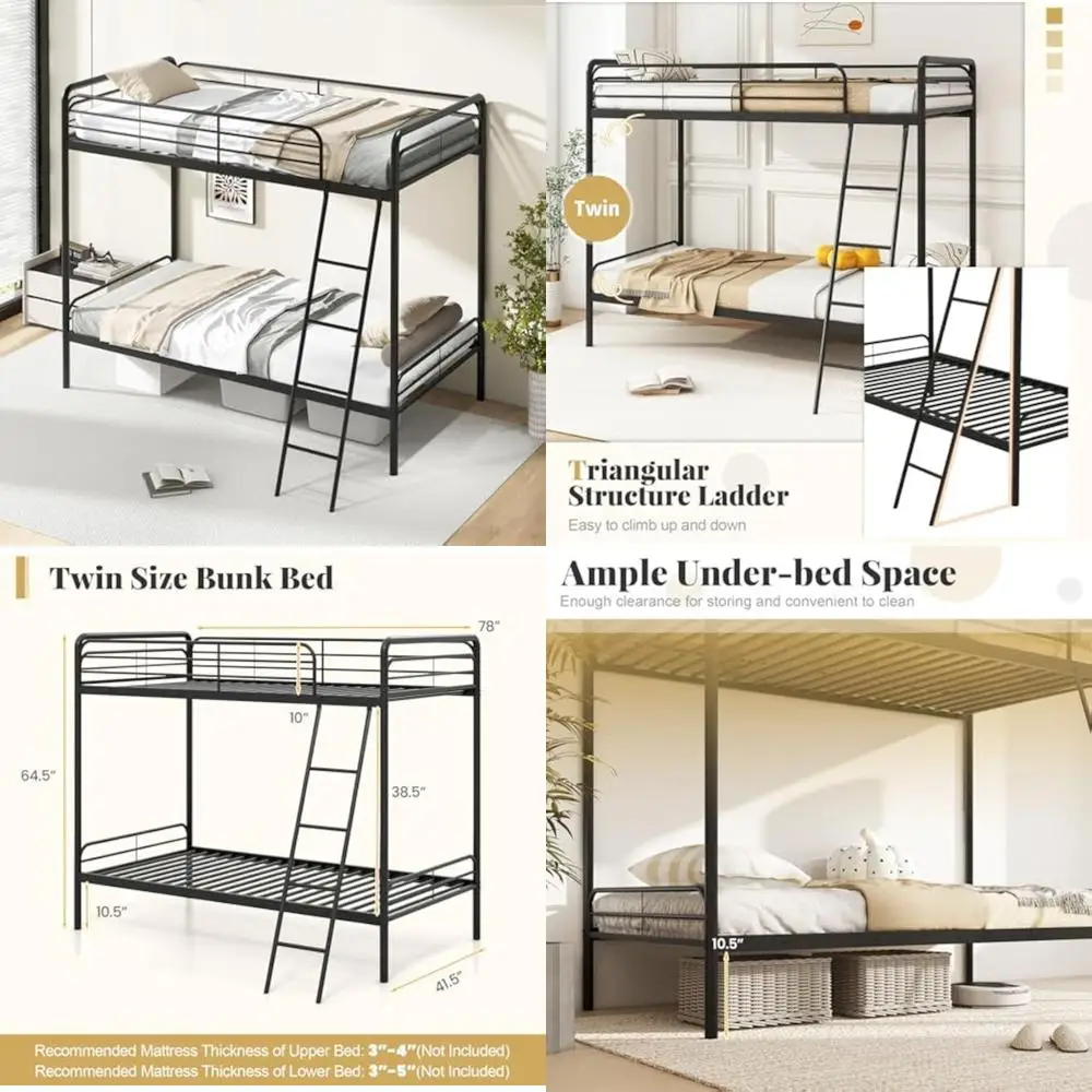 Metal Twin Bunk Bed for Kids with 10 Guardrail, Ladder, and Space-Saving Design