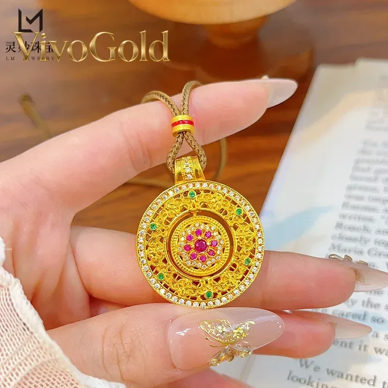 

VivoGold VivoGold Luxury fashion 9999 24K real gold namel dot diamond silk compass pendant necklace rotatable Ruyi disc pendant
