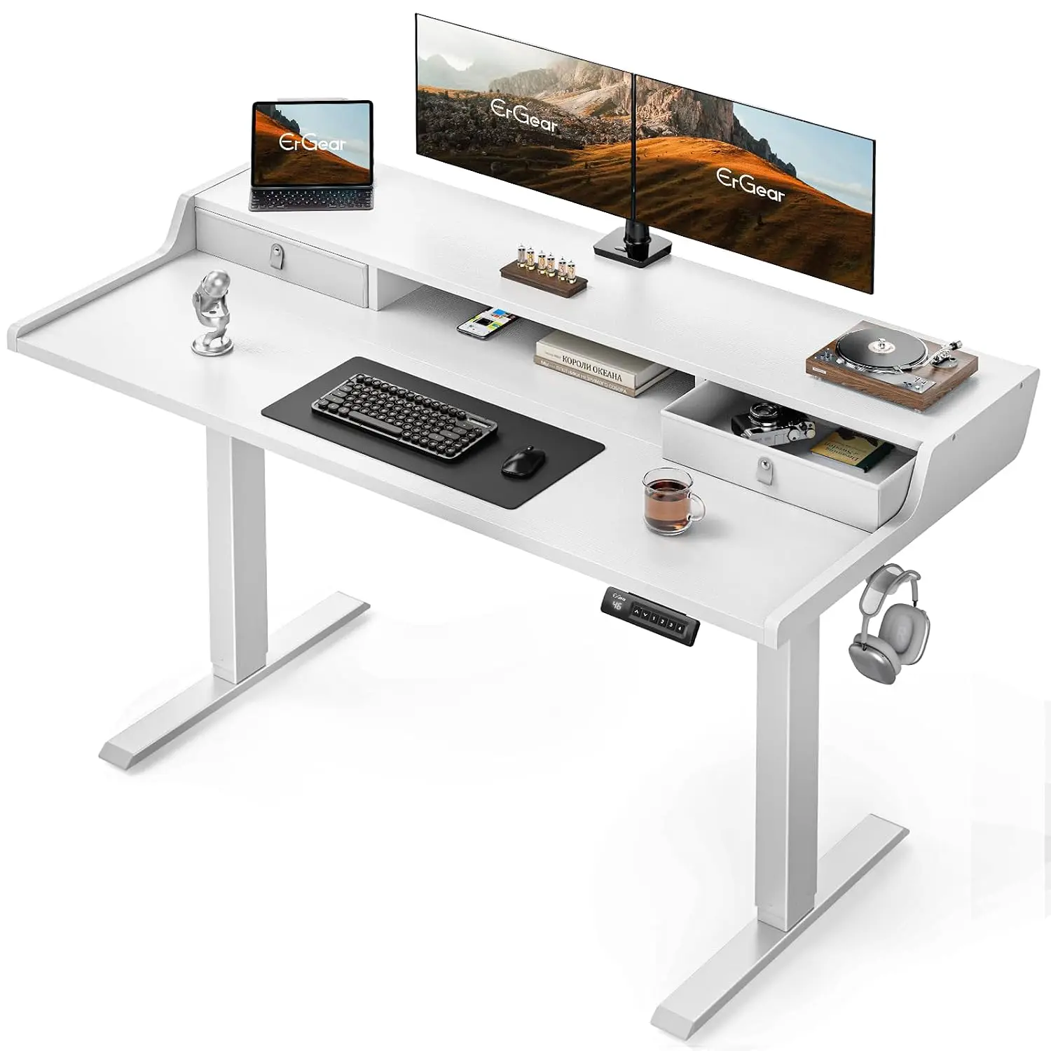 Electric Standing Desk with Drawers, 55x28 Inch Height-Adjustable Table, Monitor Stand, 4 Presets,, Customized