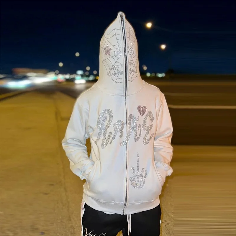 Y2K Hoodies Halloween Bullhorn  Rhinestone Sweatshirt for Men Clothing Spring Autumn Gothic Hip Hop Grunge Large Sweater Coat ﻿