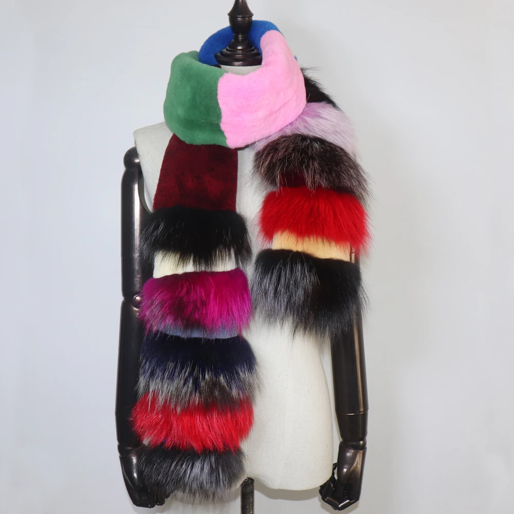 Neu eingetroffen: Modischer, farbenfroher Echtfellschal für Damen, natürlicher, warmer, langer Rex-Kaninchenfellschal, dicker Echtfuchs-Fellschal für Damen. – Detail 6