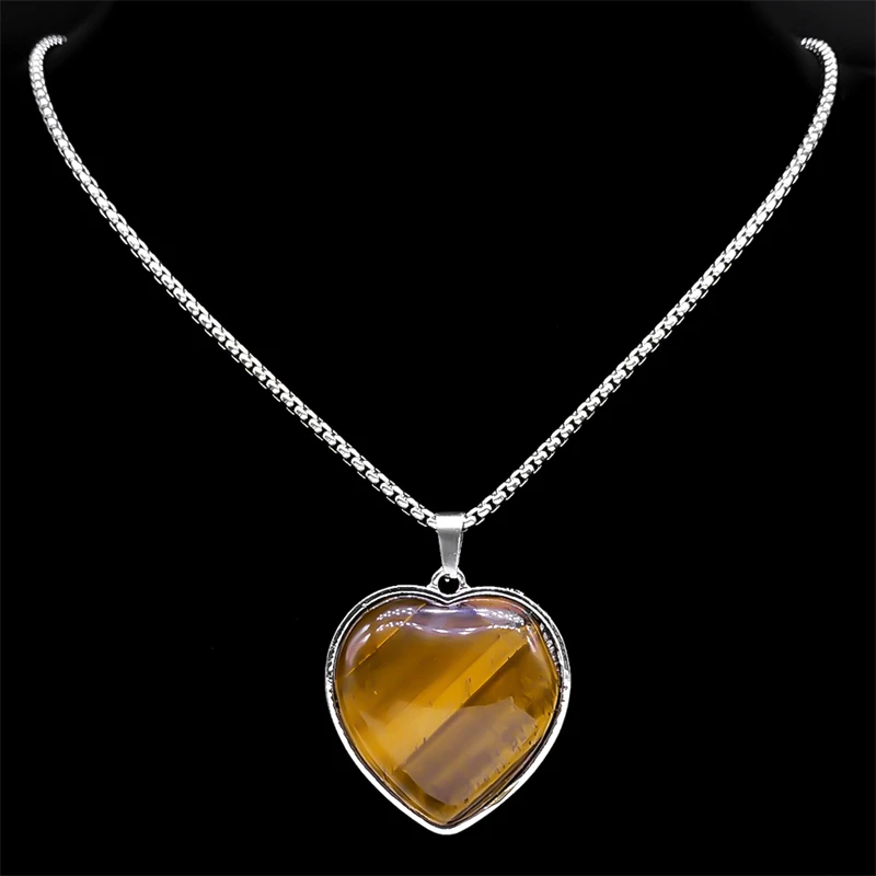 Classic Tiger Eye Stone Love Heart Shape Pendant Necklace for Women Men Stainless Steel Exquisite Chain Jewelry collar NZZZ363-3