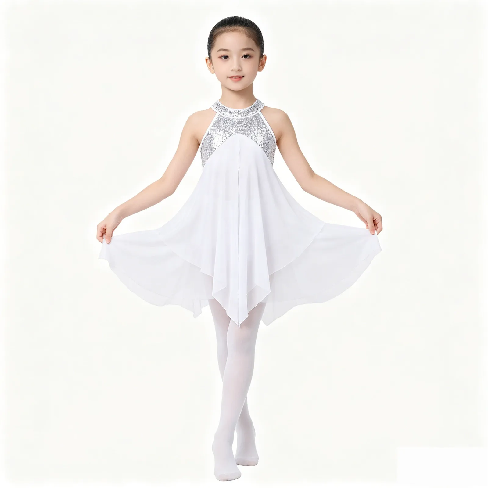 Kids Girls Ballet Lyrical Modern Contemporary Ballroom Dance Dress Halter Sequins Criss Cross Back Solo Dance Leotard Dress