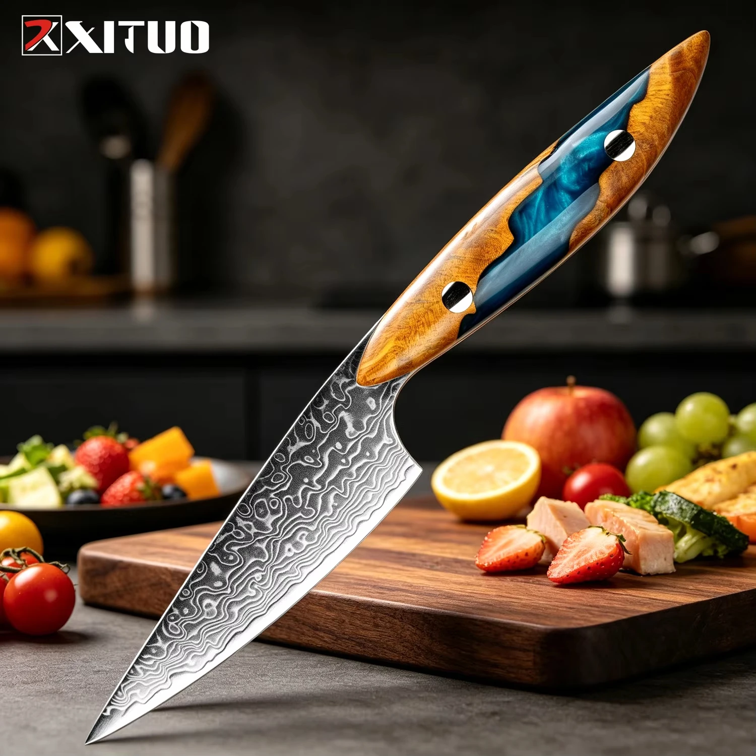 XITUO Hochharter japanischer Damast-Schäler – Haushalts-Küchenmesser für Obst mit einem exquisiten, harzstabilisierten Holzgriff.