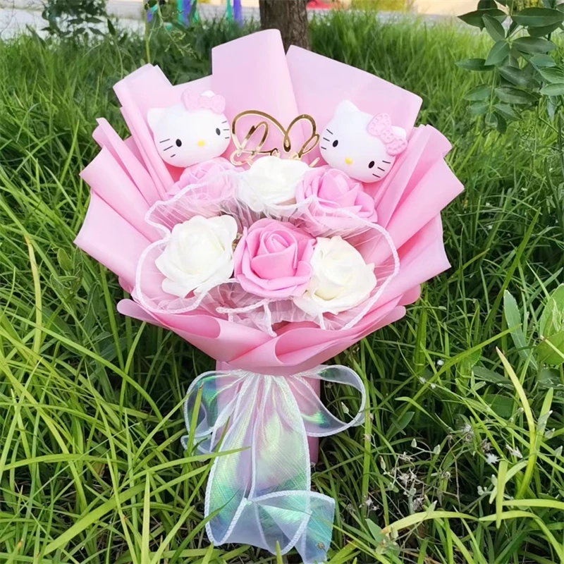 Christmas Hello Kitty Plush Bouquet Love Inserting With Artificial Rose Flowers Valentine Birthday Graduation Gifts For Kids