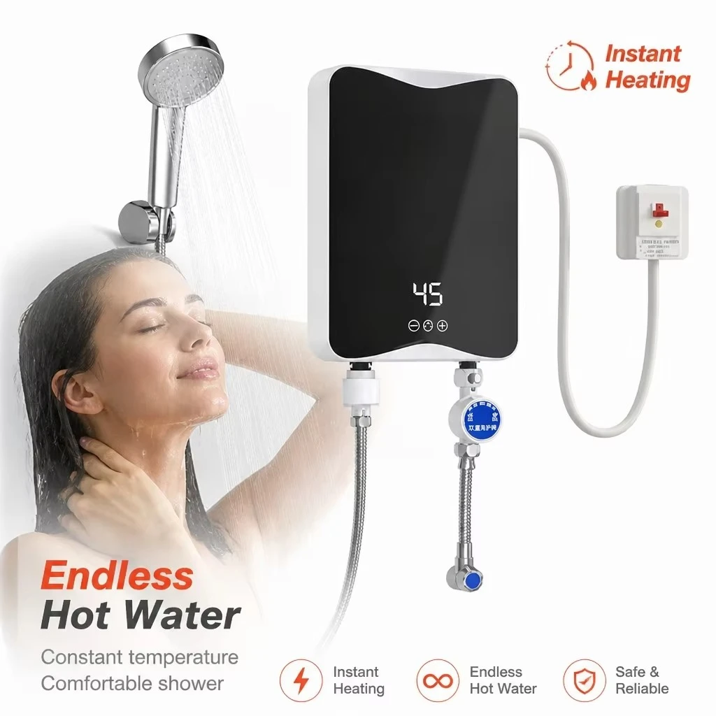 220V110V Tankless Water Heater Touch Control Instant Electric Water Heater Wall-Mounted Stainless Steel Heating Element Home Use
