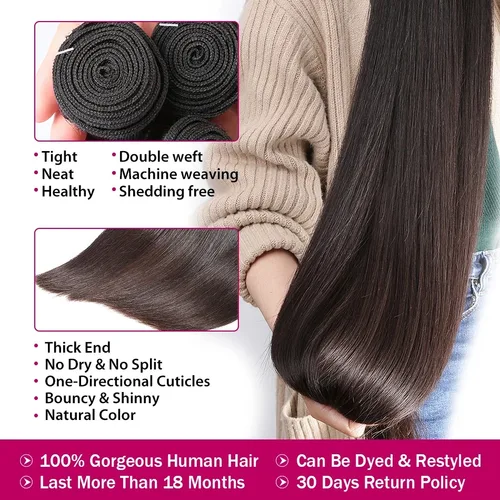 Imagen 2 del producto Extensiones de Cabello Humano 100% Virgen sin Procesar, Liso Natural, 30-40 Pulgadas, 4 Paquetes, Doble Trama, Cabello a Granel para Trenzas