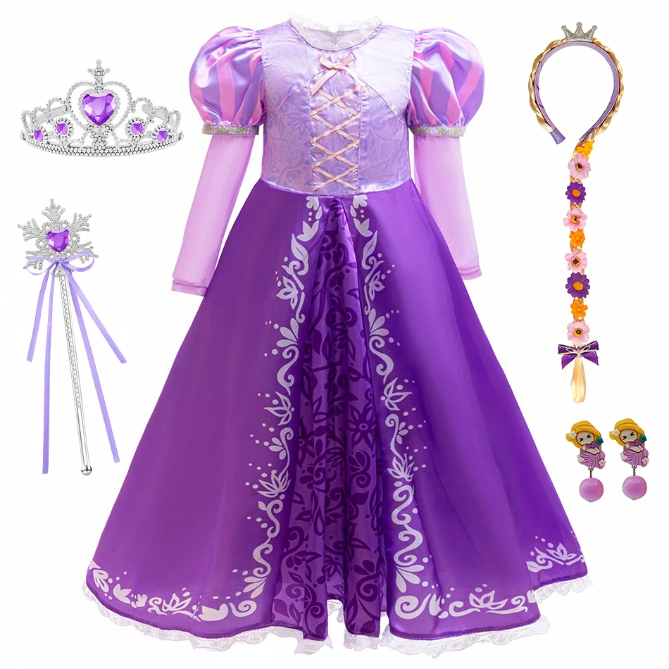 Kinder Rapunzel Langarm Lila Prinzessinnenkleid Mädchen Bedrucktes Festliches Geburtstags-Halloween-Party-Outfit Kinder-Performance-Kostüm