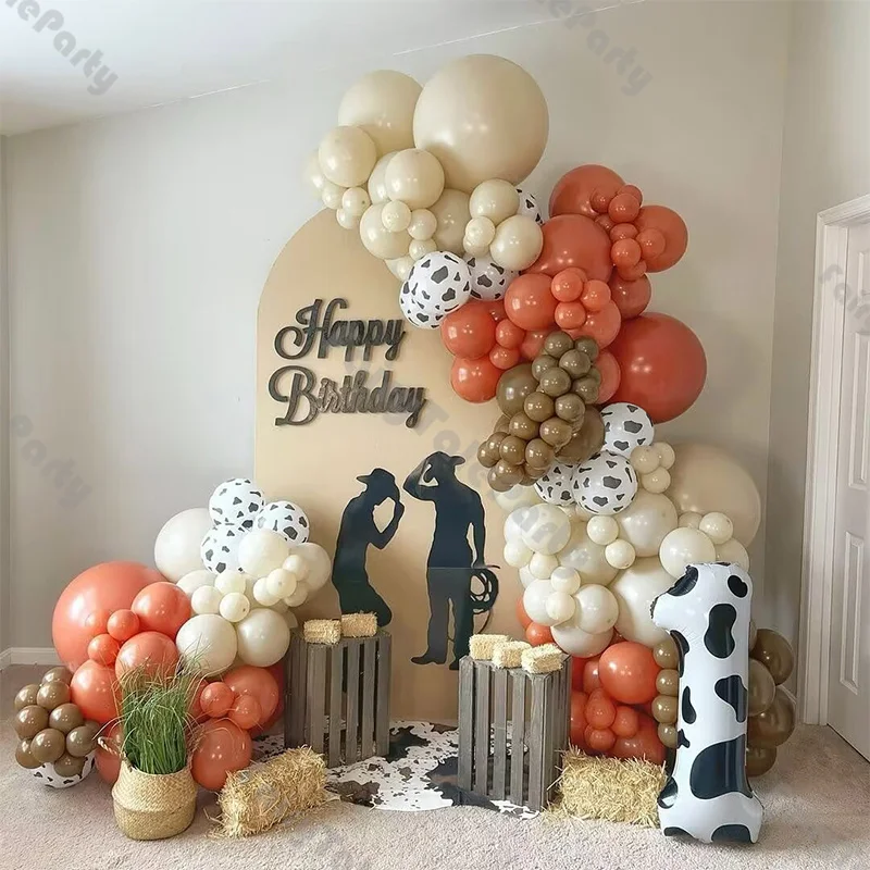 155pcs Sand White Latex Balloon Chain Matte Coral and Caramel Balloon Set Cow Farm Theme Birthday Party Decoration Supplies