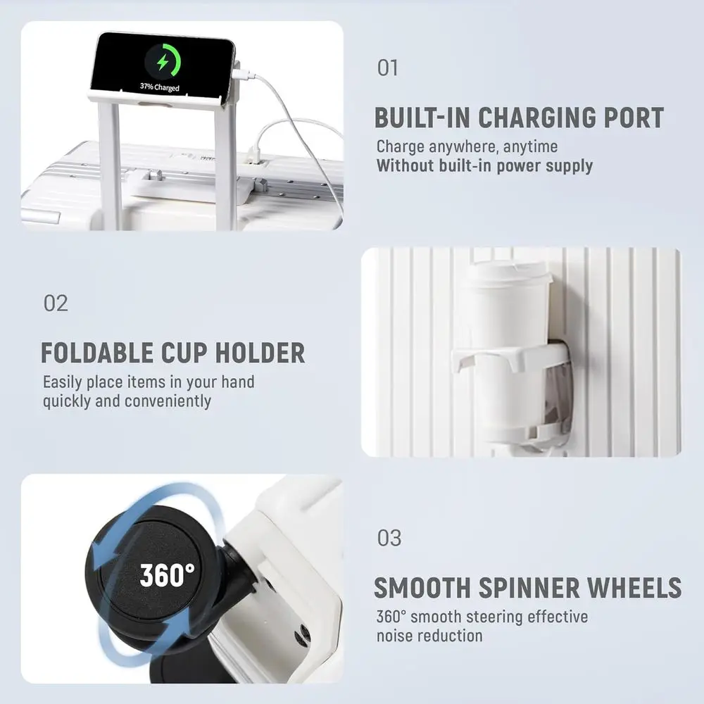 20 TSA-Approved Aluminum Frame Zipperless Carry-On Suitcase with Spinner Wheels for Short Trips, ABS+PC Shell, White
