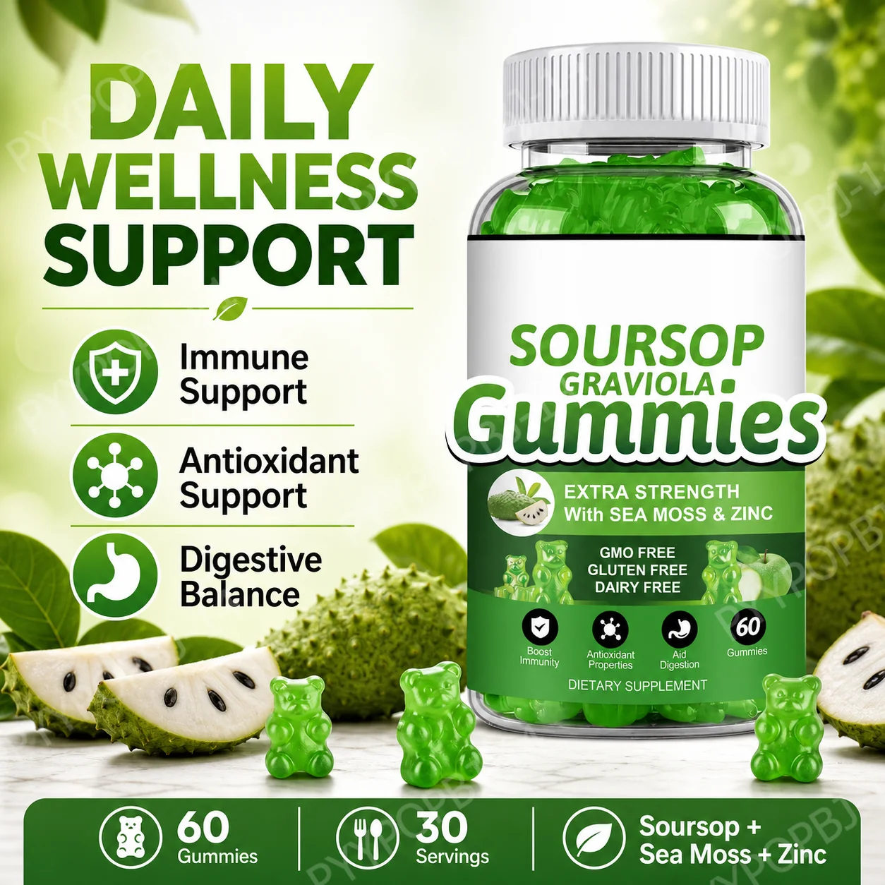 Soursop Graviola Gummy with Soursop Leaf Extract Sea Moss and Vitamin C Enhance The Immune System and Assist Digestion 60Count
