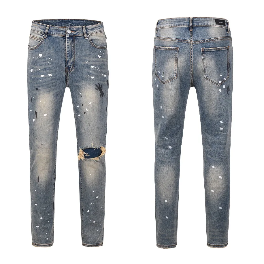 

Мужские джинсы Slim Fit в стиле Харадзюку с принтом и эффектом разрывов, повседневные, прямые, удлиненные, со средней посадкой, на молнии, молодежный стиль