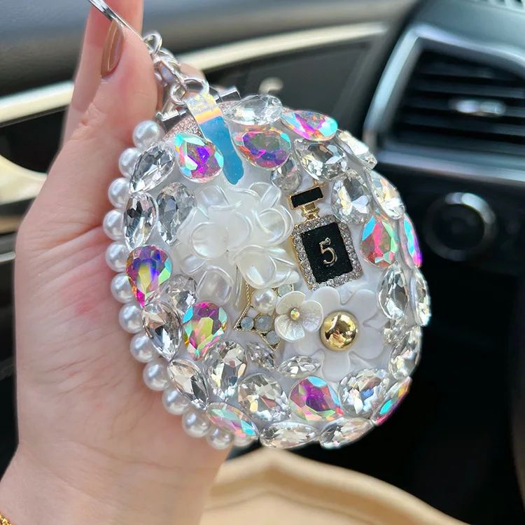 Women Crystal Rhinestone Makeup Mirror Keychain Portable Chain Bag Charms Car Key Holder Cute Floral Handheld Cosmetic Mirror