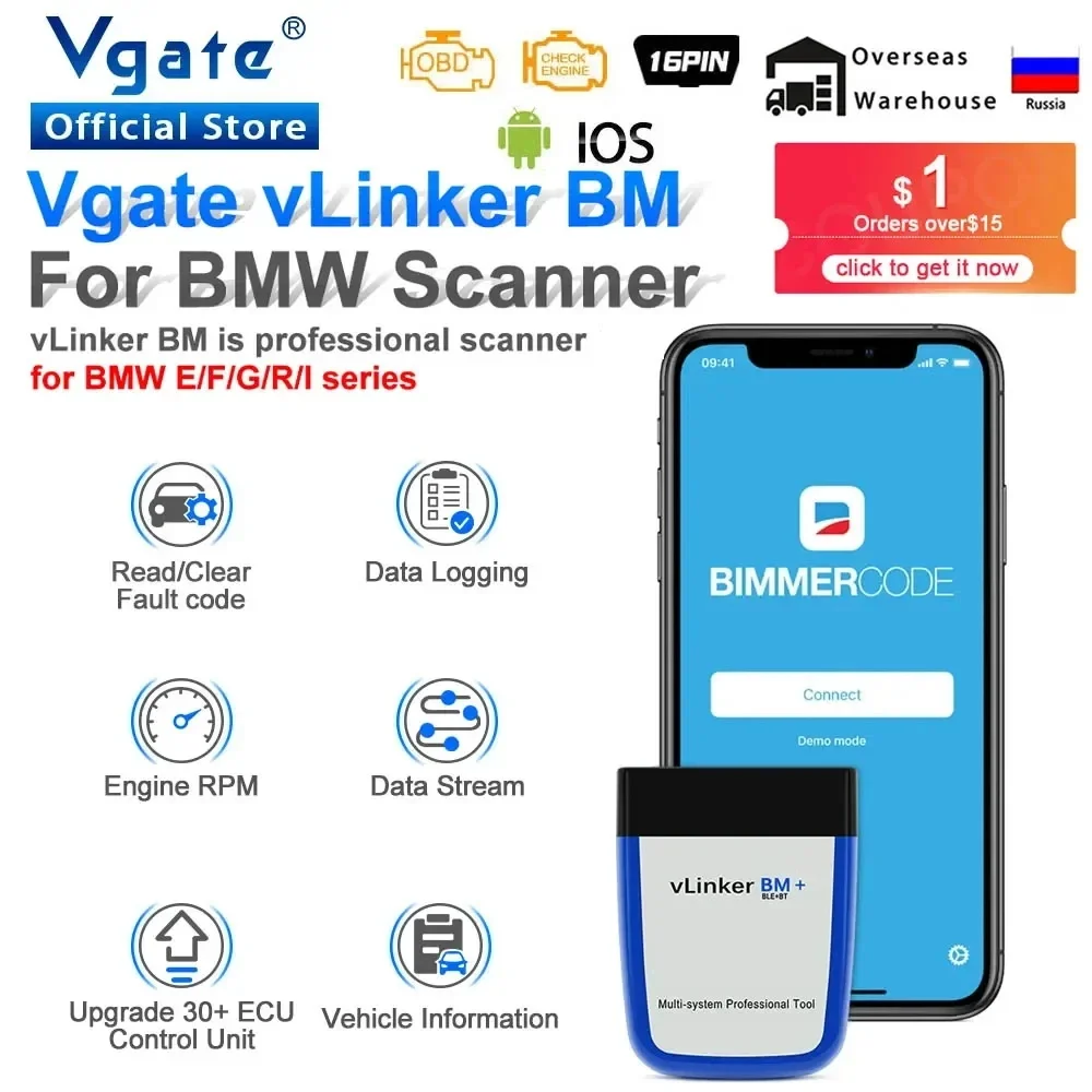 Vgate vLinker-Outil de Diagnostic existent de Voiture, Scanner pour BMW, Wifi, Bluetooth 4.0, OBD2, OBD 2, Bimmercode, ELM 327, V1, 5, BM ELM327